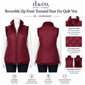 Denim & Co Womens 3X Burgundy Reversible Quilted Faux Fur Zip Front Vest New